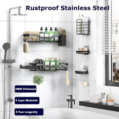 Shower Caddy Adhesive Shower Organizer 7-Pack, Rustproof Stainless Steel Bathroom Shelves, Large Capacity No-Drill Rack Storage Accessories with Soap Dish Toothbrush Holder &24 Hooks Home Decor