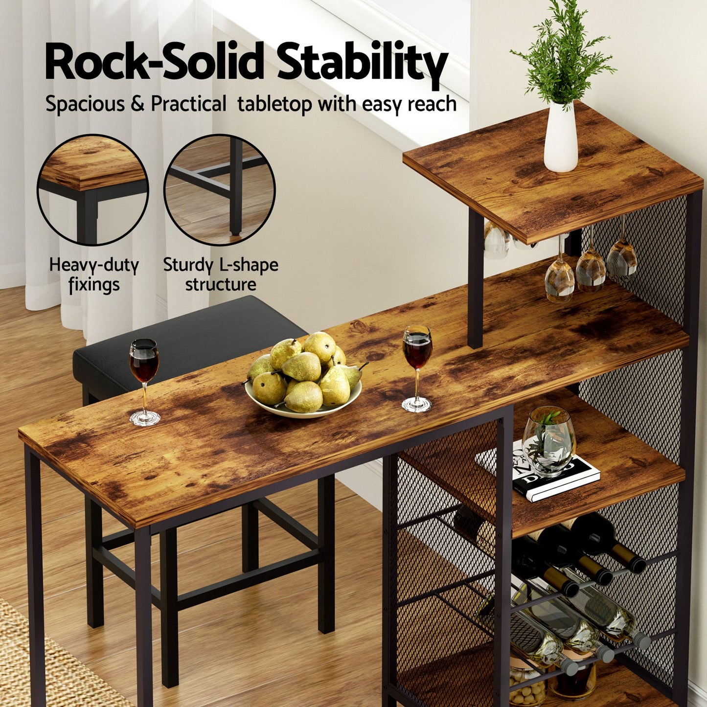 Artiss 3Pcs Bar Table and Stools Set Dining Table Solid Wood Kitchen Chairs Cafe Pub