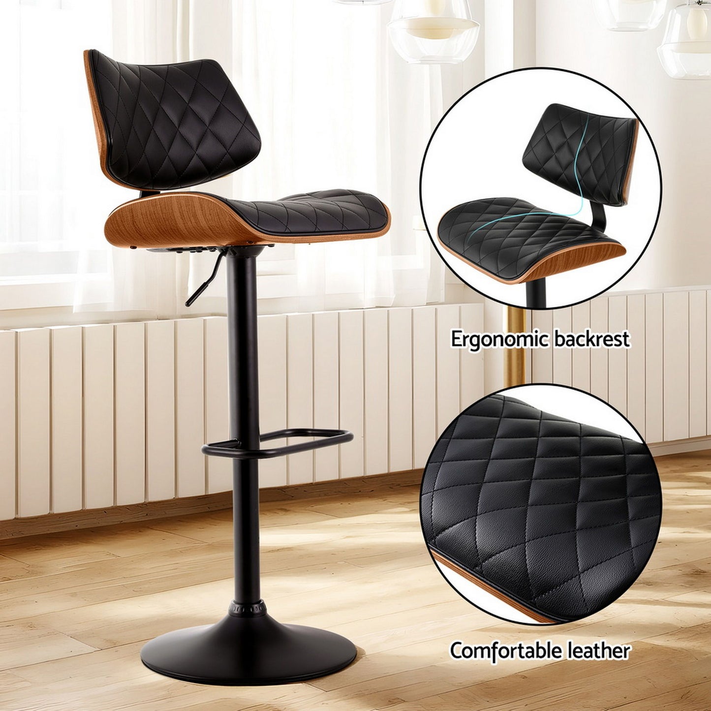 Artiss 4x Bar Stools Kitchen Dining Chairs Gas Lift Stool Wooden Leather Black