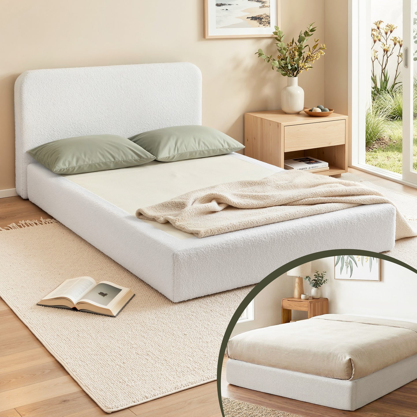 Artiss Compression Bed Frame Double Size No Assembly Vacuum High Density Sponge Boucle Cream White