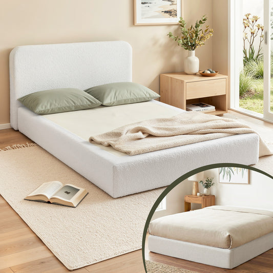 Artiss Compression Bed Frame Double Size No Assembly Vacuum High Density Sponge Boucle Cream White