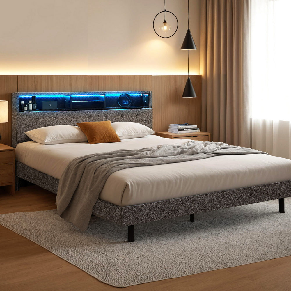 Artiss Bed Frame Queen Size LED Mattress Base Platform with Storage Shelf Hidden Storage Box Grey