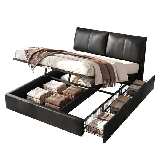 Artiss King Bed Frame Gas Lift Storage 3 Drawers Adjustable Headboard Platform Bed Black