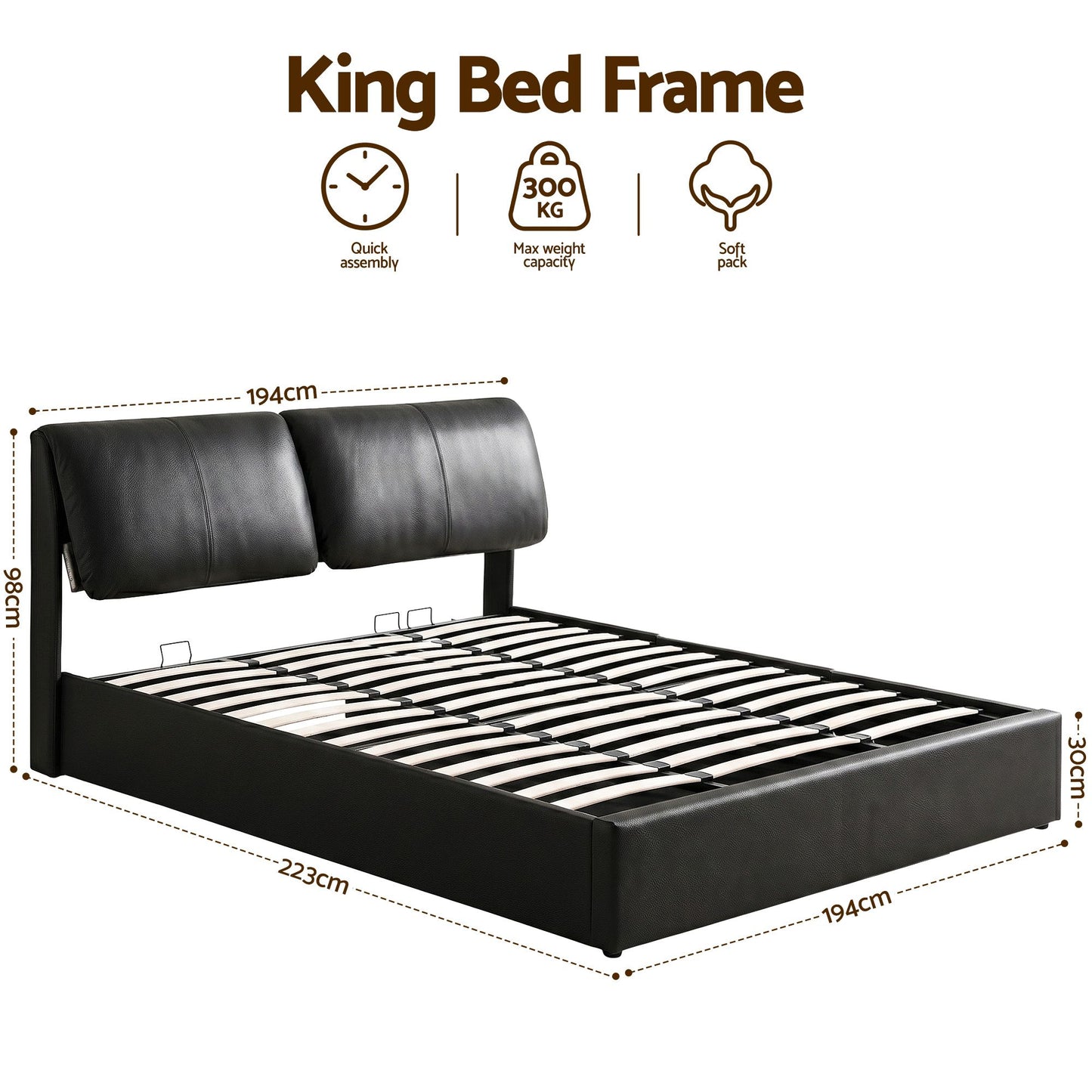 Artiss King Bed Frame Gas Lift Storage 3 Drawers Adjustable Headboard Platform Bed Black