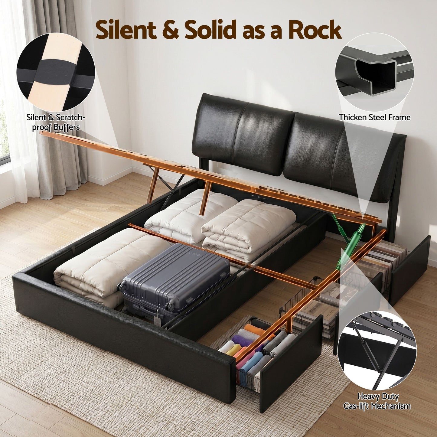 Artiss King Bed Frame Gas Lift Storage 3 Drawers Adjustable Headboard Platform Bed Black