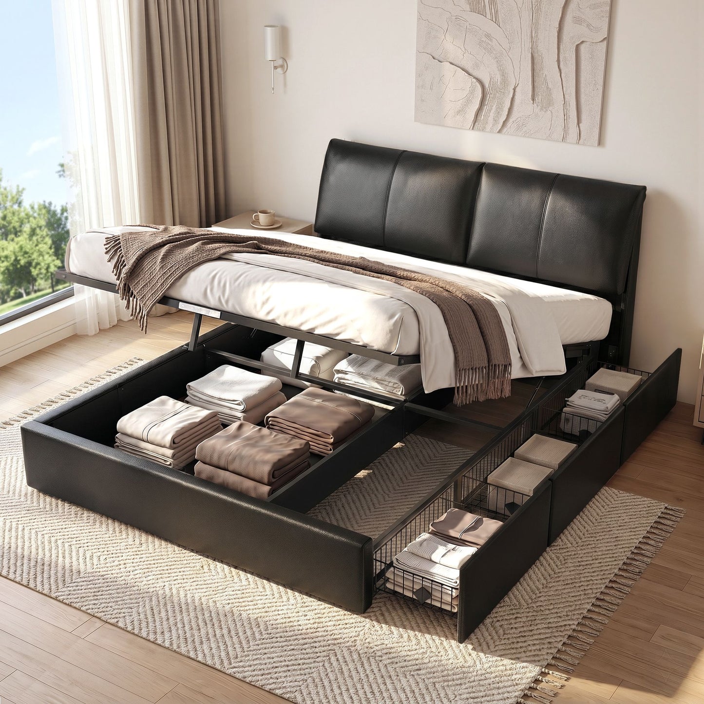 Artiss King Bed Frame Gas Lift Storage 3 Drawers Adjustable Headboard Platform Bed Black