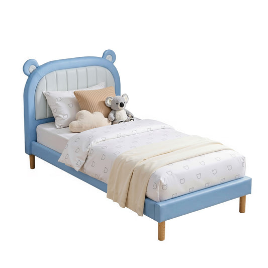 Artiss Kids King Single Bed Frame Upholstered Bear Headboard Waterproof Leather Boys Bed 180kg Capacity Blue and White