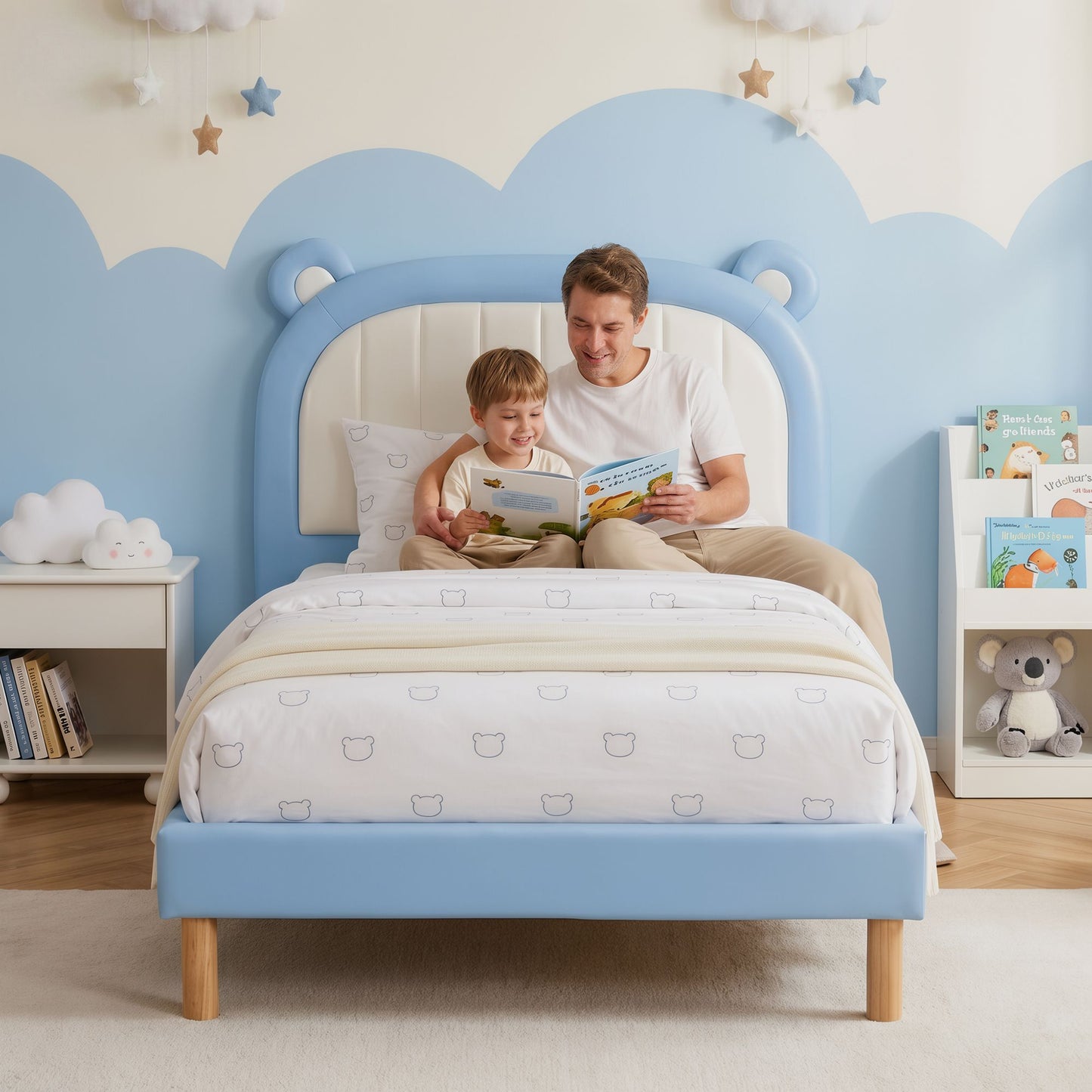 Artiss Kids King Single Bed Frame Upholstered Bear Headboard Waterproof Leather Boys Bed 180kg Capacity Blue and White
