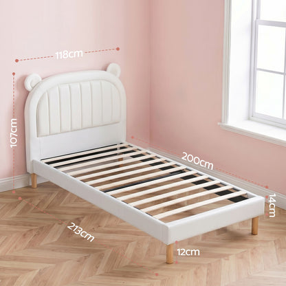 Artiss Kids King Single Bed Frame Bear Ears Headboard Upholstered Leather Platform Bed for Child