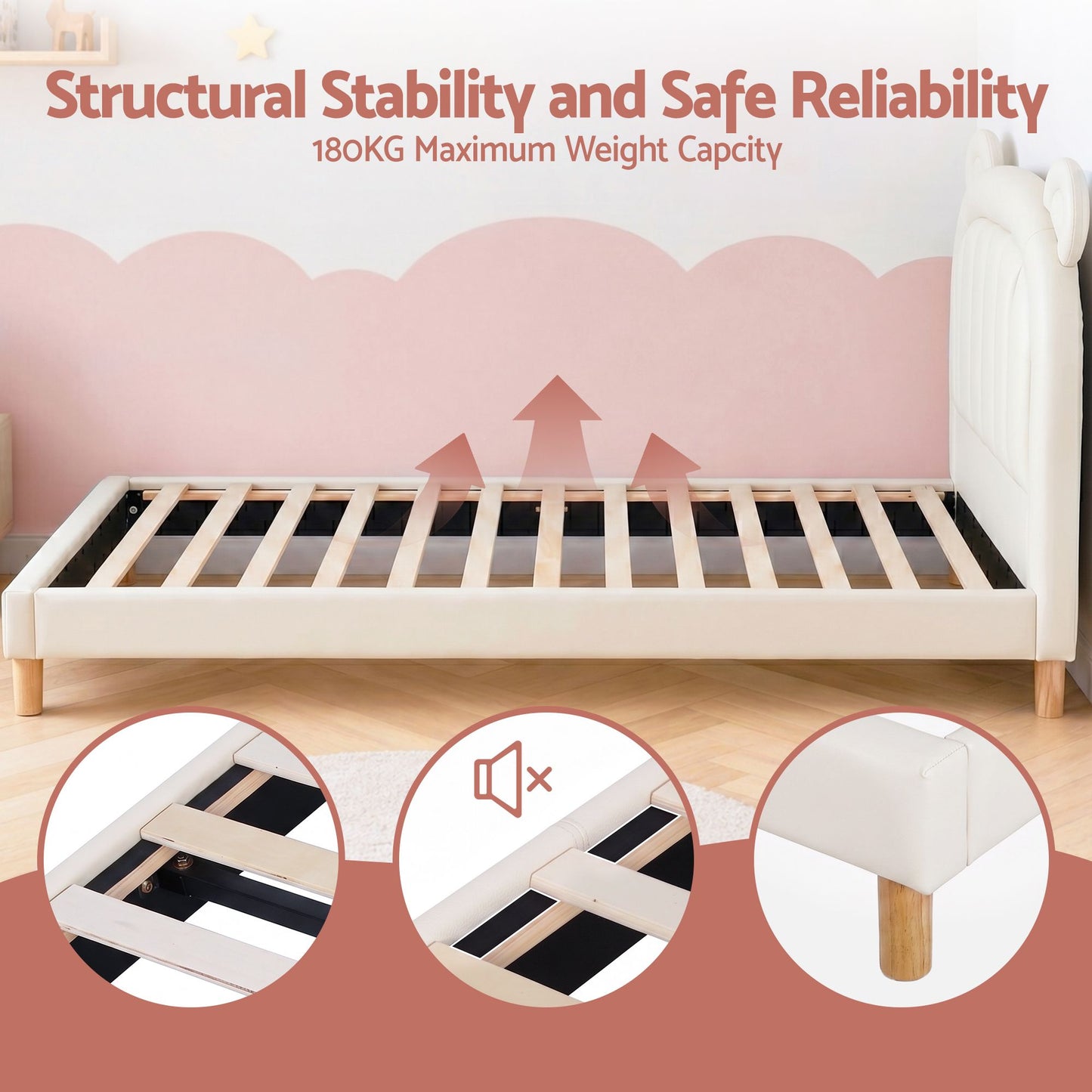 Artiss Kids King Single Bed Frame Bear Ears Headboard Upholstered Leather Platform Bed for Child