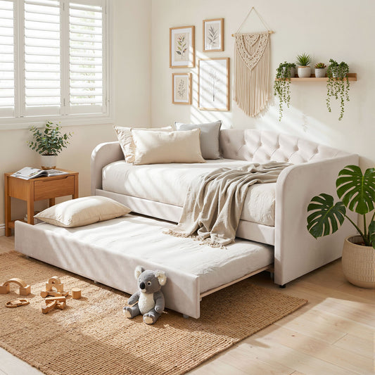 Artiss Single Daybed Velvet Trundle Bed Frame Tufted Guest Bed