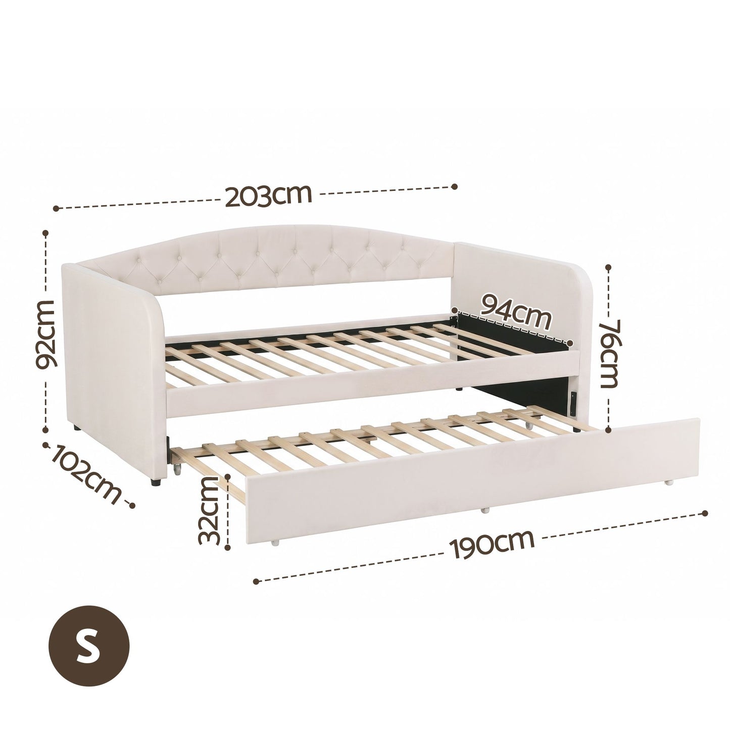 Artiss Single Daybed Velvet Trundle Bed Frame Tufted Guest Bed