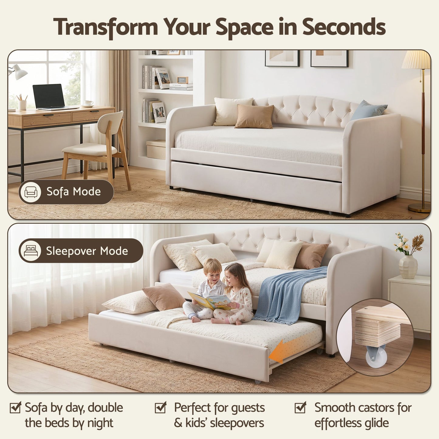 Artiss Single Daybed Velvet Trundle Bed Frame Tufted Guest Bed