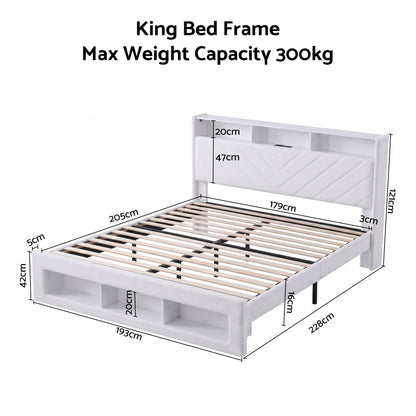 Artiss King Bed Frame with Storage, Charging Station & LED, White