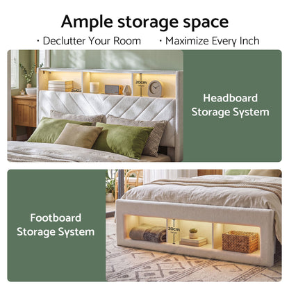 Artiss King Bed Frame with Storage, Charging Station & LED, White