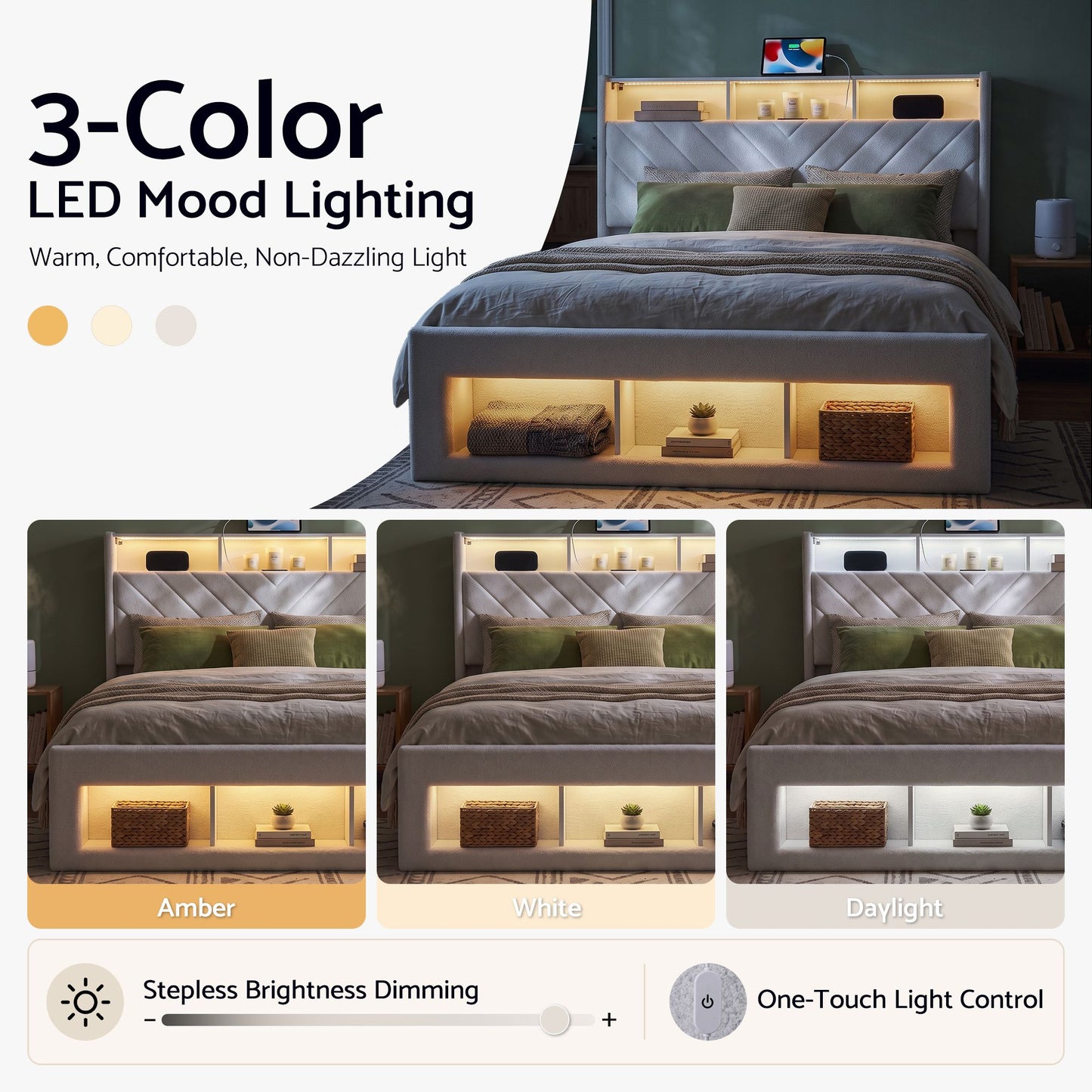 Artiss King Bed Frame with Storage, Charging Station & LED, White