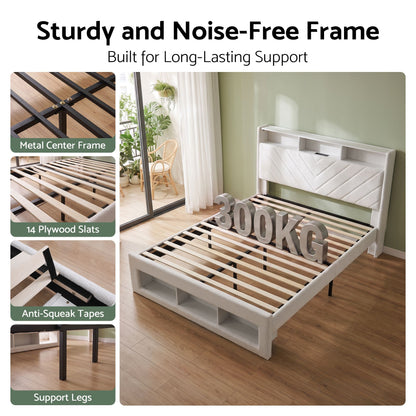 Artiss King Bed Frame with Storage, Charging Station & LED, White