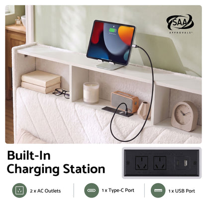 Artiss Queen Bed Frame with Storage Charging Station & LED White