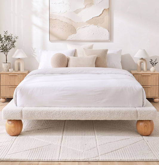 Artiss Queen Bed Frame and 2 Bedside Table Set, Boucle Upholstery Platform Bed