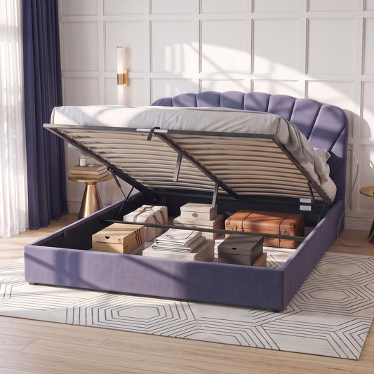 Artiss King Bed Frame with Lift Up Storage and USB Ports Grey