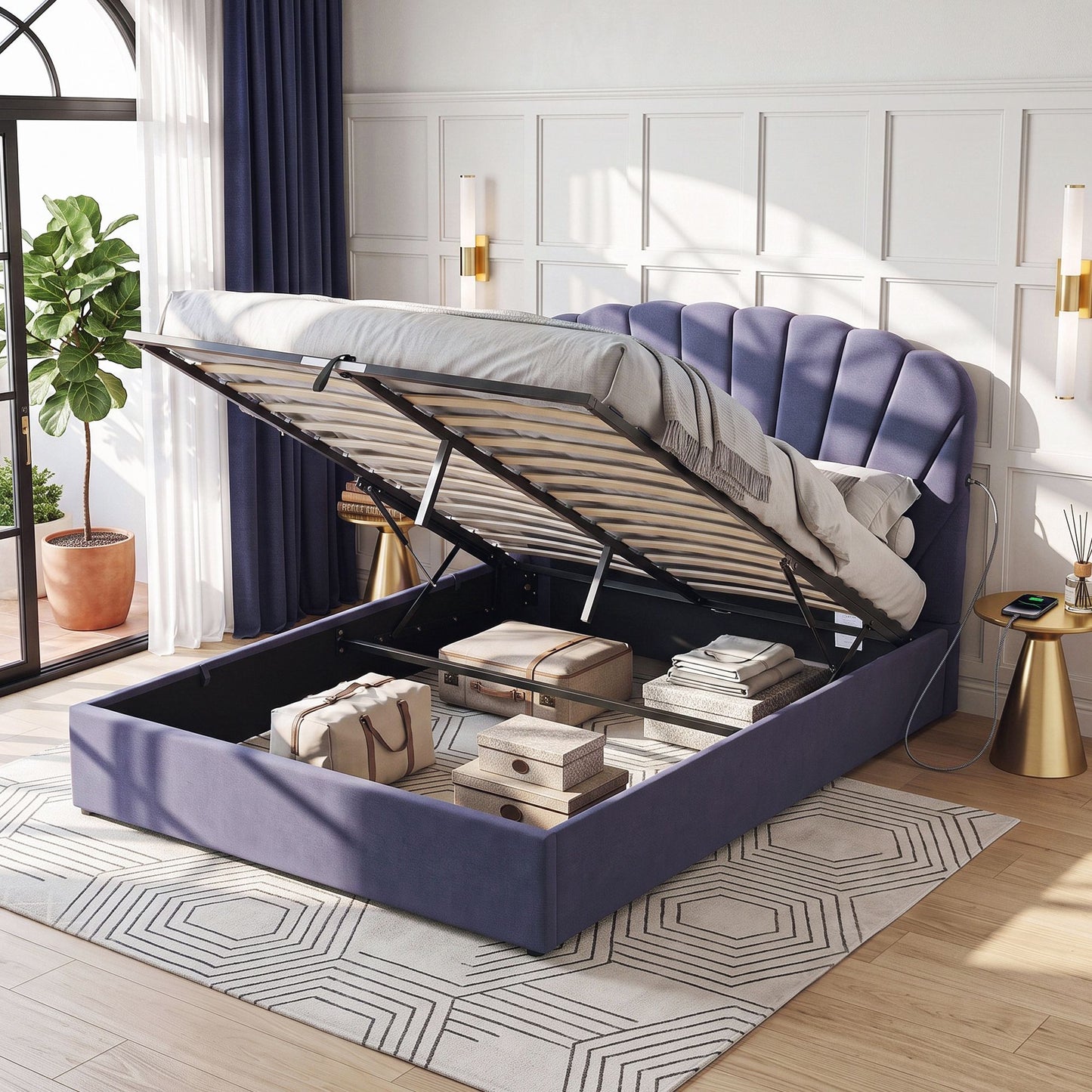 Artiss Queen Bed Frame with Lift Up Storage and USB Ports Grey