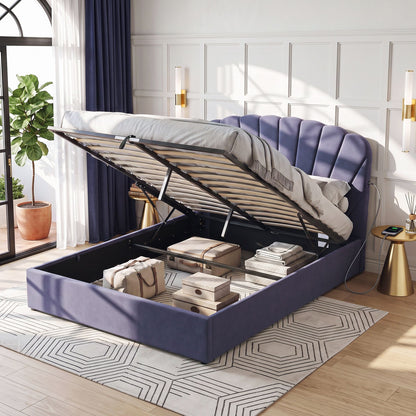 Artiss Queen Bed Frame with Lift Up Storage and USB Ports Grey