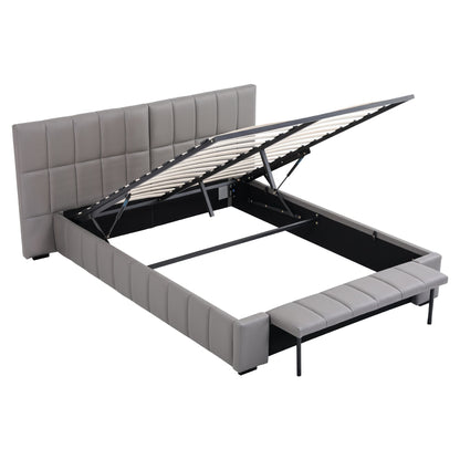 Artiss Double Size Upholstered Gas Lift Bed Frame with Foldable Bench PVC Leather Platform Bed with Storage