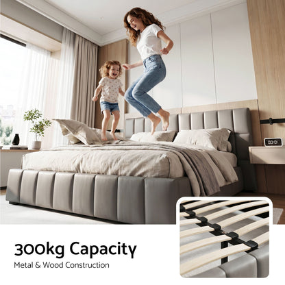 Artiss Double Size Upholstered Gas Lift Bed Frame with Foldable Bench PVC Leather Platform Bed with Storage