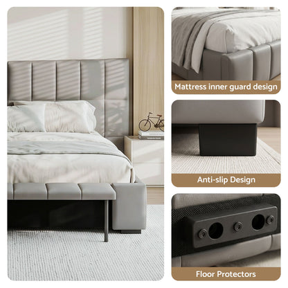 Artiss Double Size Upholstered Gas Lift Bed Frame with Foldable Bench PVC Leather Platform Bed with Storage