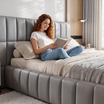 Artiss Double Size Upholstered Gas Lift Bed Frame with Foldable Bench PVC Leather Platform Bed with Storage