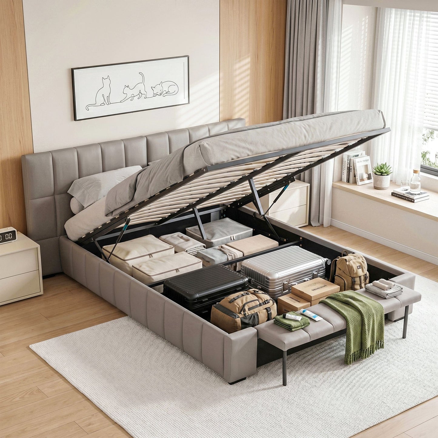 Artiss Double Size Upholstered Gas Lift Bed Frame with Foldable Bench PVC Leather Platform Bed with Storage