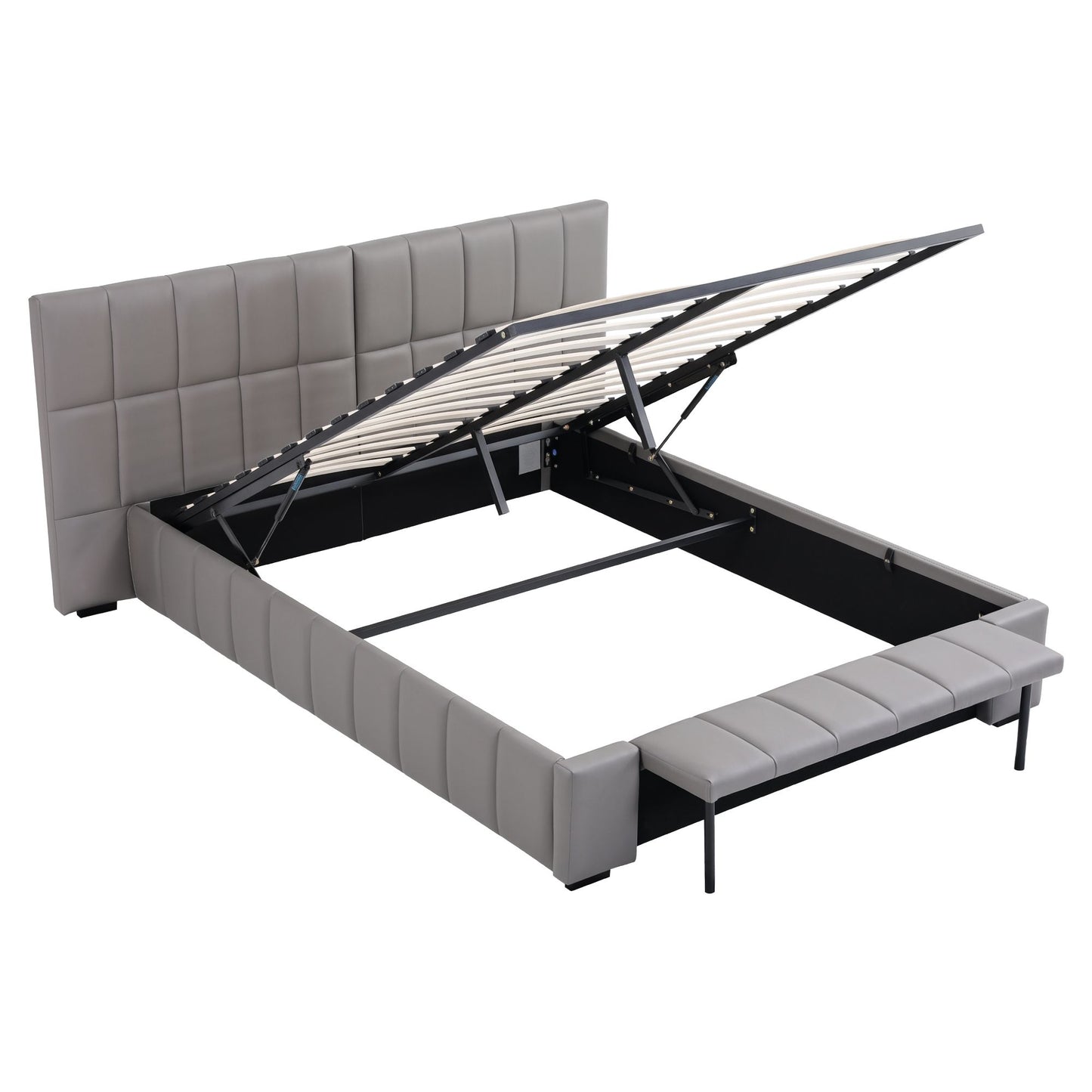 Artiss Queen Size Upholstered Gas Lift Bed Frame with Foldable Bench PVC Leather Platform Bed with Storage