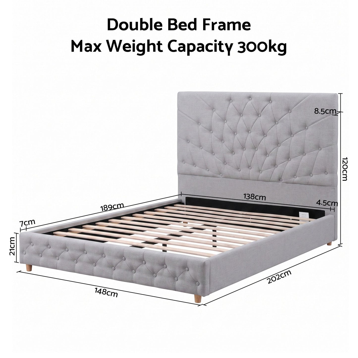 Artiss Double Bed Frame with Tufted Headboard and Plywood Slats Grey