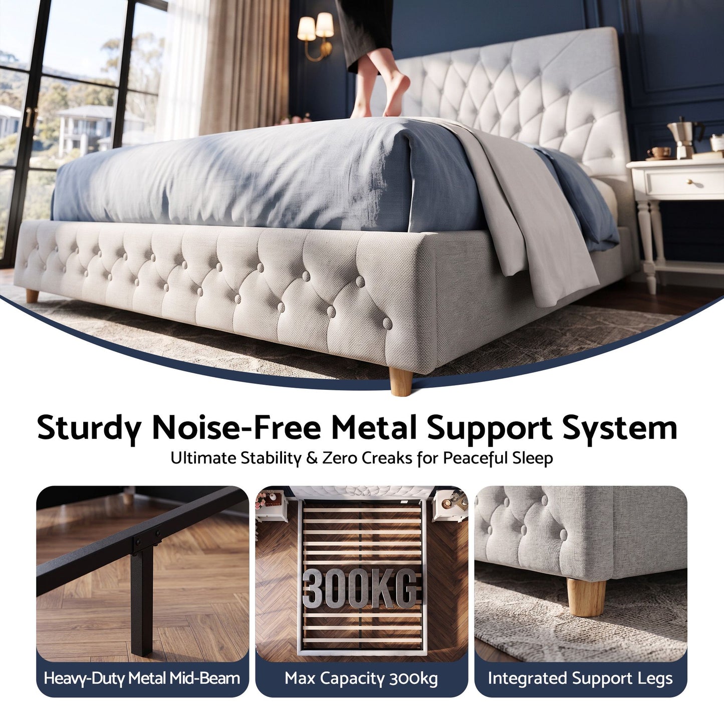 Artiss Double Bed Frame with Tufted Headboard and Plywood Slats Grey