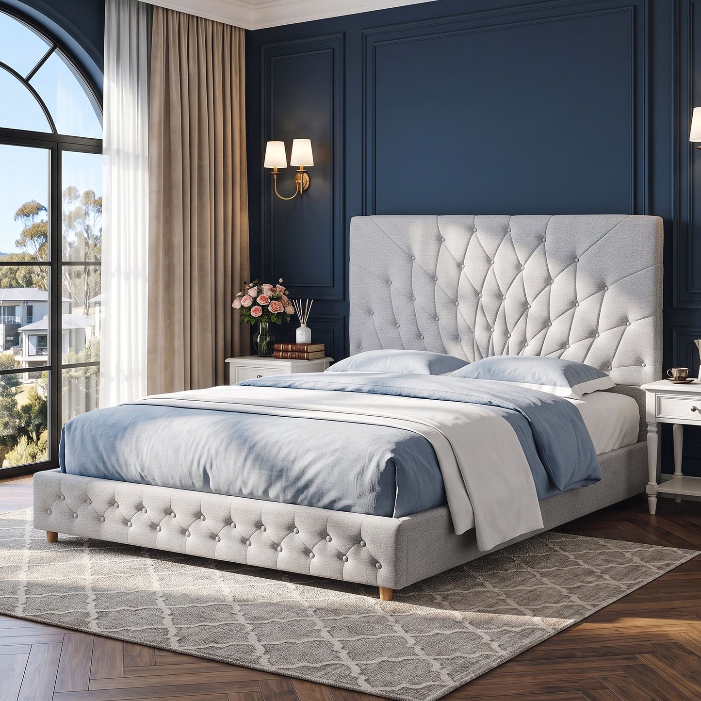 Artiss Queen Bed Frame with Tufted Headboard and Plywood Slats Grey