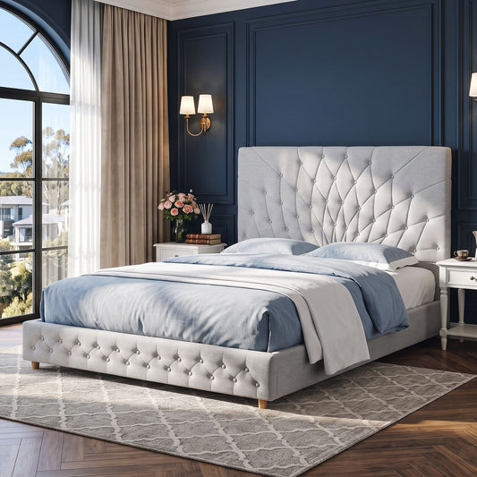 Artiss Queen Bed Frame with Tufted Headboard and Plywood Slats Grey