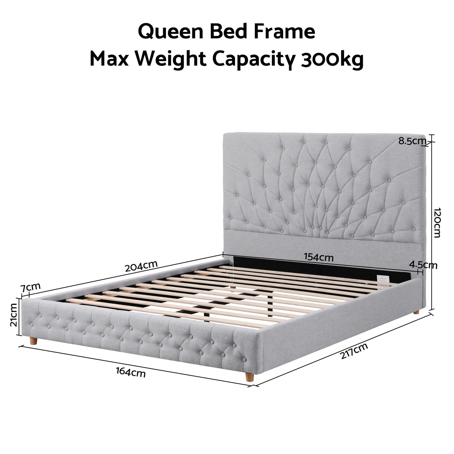 Artiss Queen Bed Frame with Tufted Headboard and Plywood Slats Grey