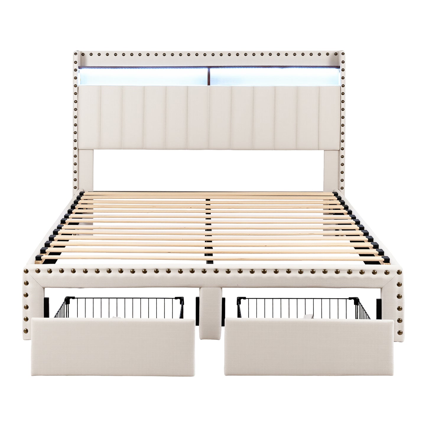 Artiss Queen Upholstered Bed Frame with Shelf Storage Drawers Charging Station Mood Lighting Linen