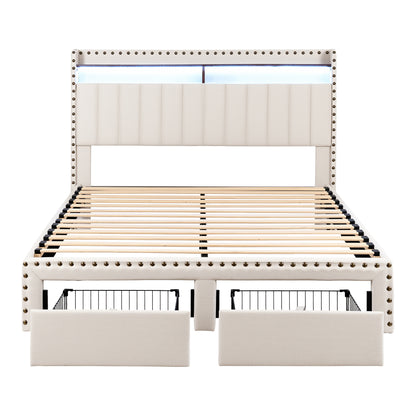 Artiss Queen Upholstered Bed Frame with Shelf Storage Drawers Charging Station Mood Lighting Linen