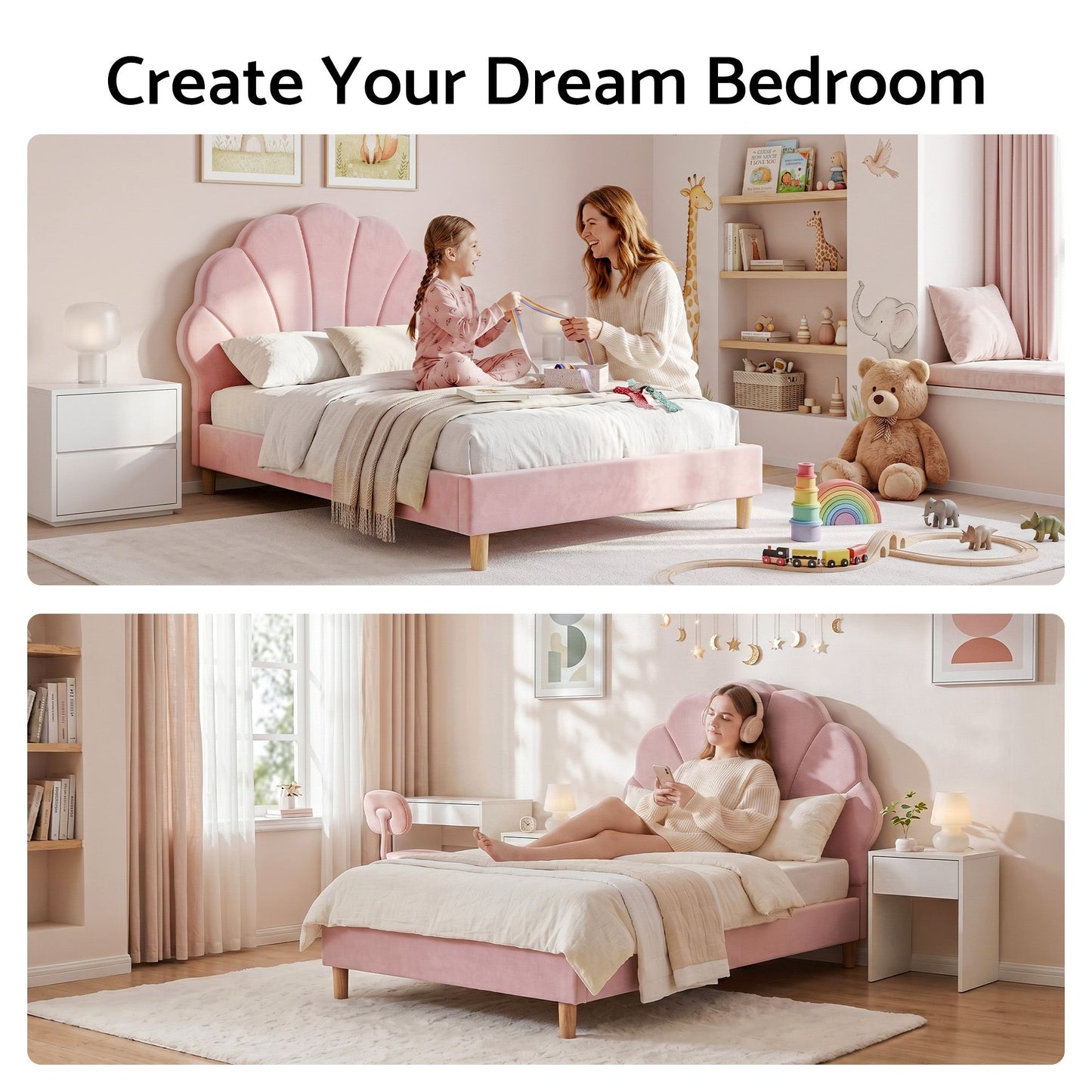 Artiss Single Bed Frame Scallop Upholstered Headboard Pink Velvet Platform Base Support up to 180kg