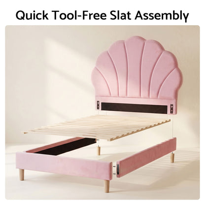 Artiss Single Bed Frame Scallop Upholstered Headboard Pink Velvet Platform Base Support up to 180kg