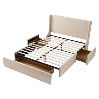 Artiss King Upholstered Bed Frame with 3 Storage Drawers Wingback Headboard Heavy Duty Metal Platform Base