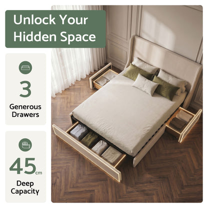 Artiss King Upholstered Bed Frame with 3 Storage Drawers Wingback Headboard Heavy Duty Metal Platform Base
