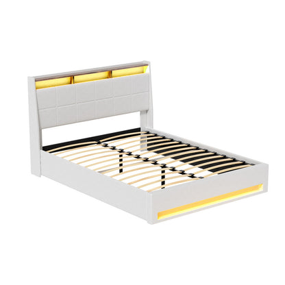 Artiss Bed Frame Gas Lift LED Beds Base Platform White PVC Leather Storage Headboard - Double