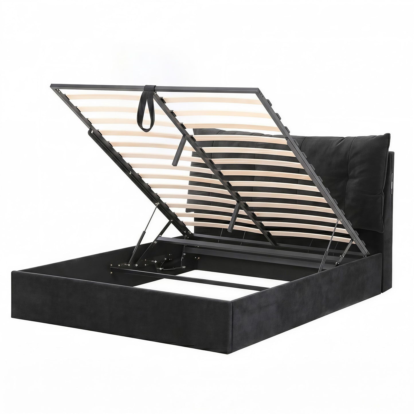 Artiss Queen Bed Frame with Horizontal Gas Lift Storage with LED Light USB Type-C Charging Station Black Velvet