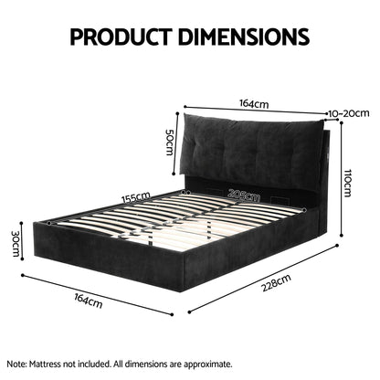 Artiss Queen Bed Frame with Horizontal Gas Lift Storage with LED Light USB Type-C Charging Station Black Velvet