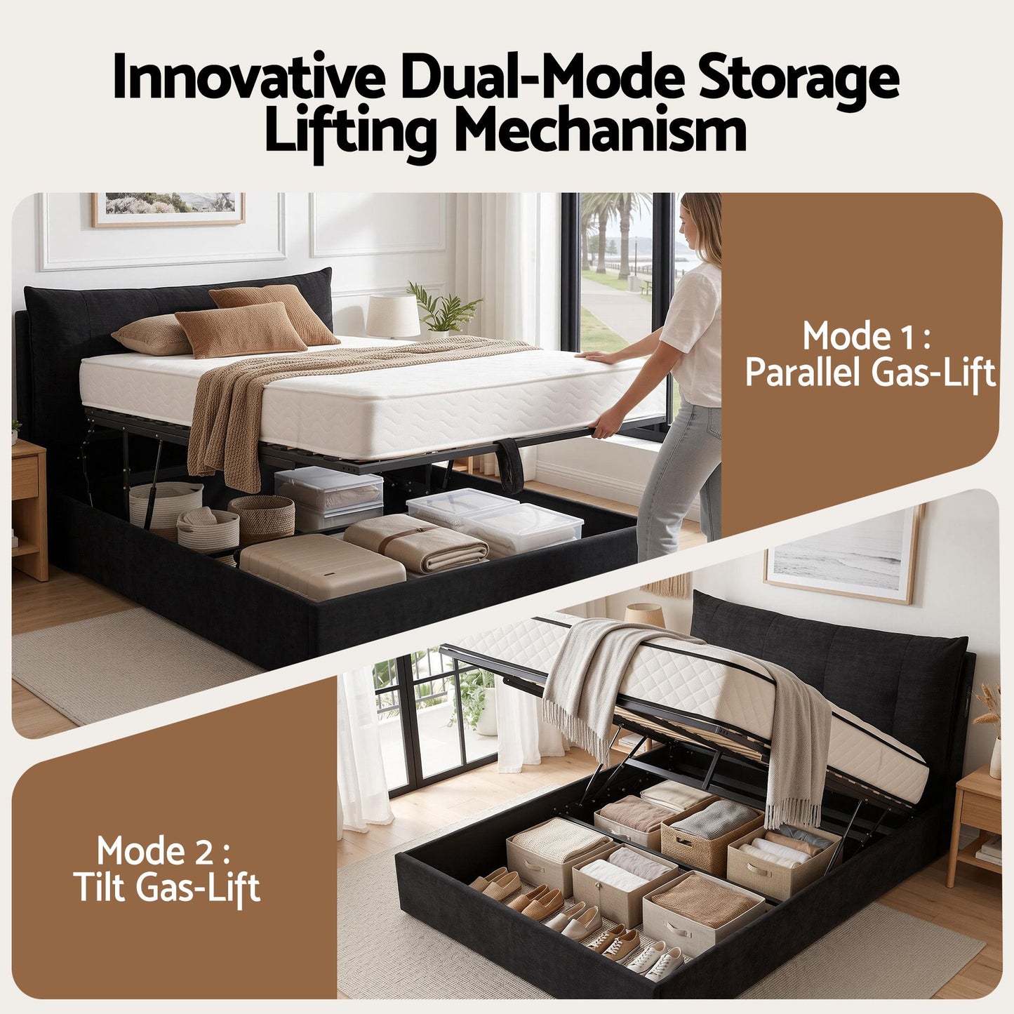 Artiss Queen Bed Frame with Horizontal Gas Lift Storage with LED Light USB Type-C Charging Station Black Velvet