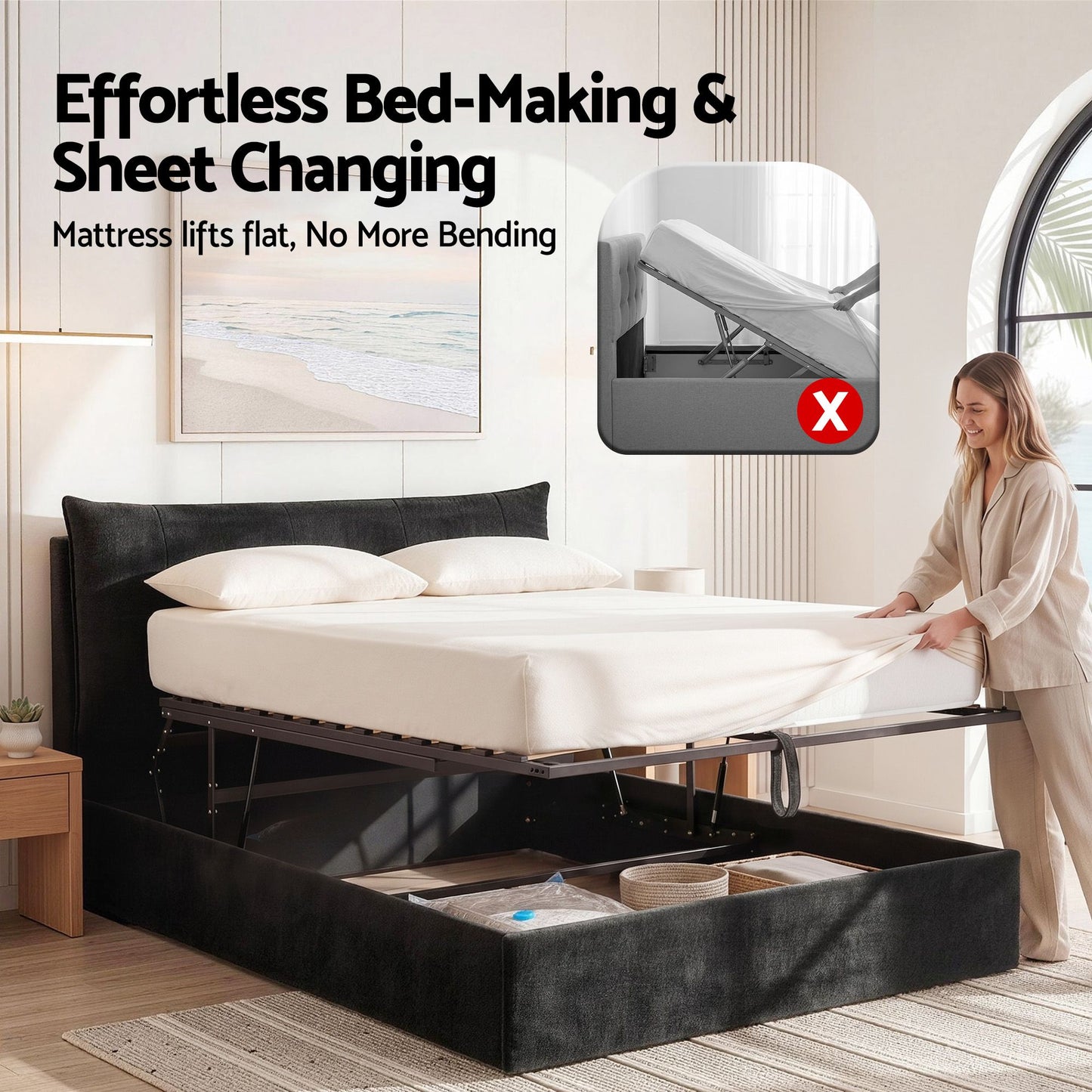 Artiss Queen Bed Frame with Horizontal Gas Lift Storage with LED Light USB Type-C Charging Station Black Velvet