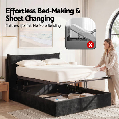 Artiss Queen Bed Frame with Horizontal Gas Lift Storage with LED Light USB Type-C Charging Station Black Velvet