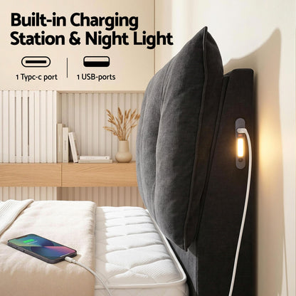 Artiss Queen Bed Frame with Horizontal Gas Lift Storage with LED Light USB Type-C Charging Station Black Velvet